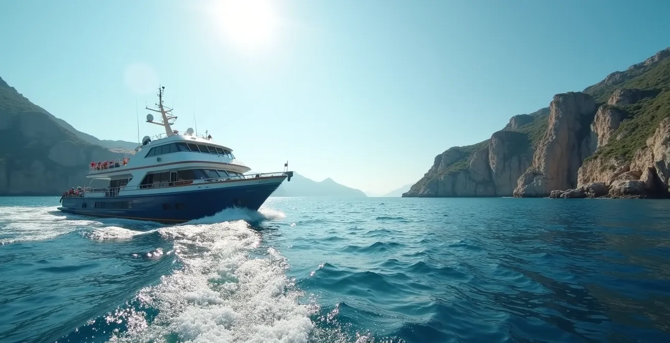 Ferry en mer avec vues sur les côtes sauvages de la Sardaigne au loin
