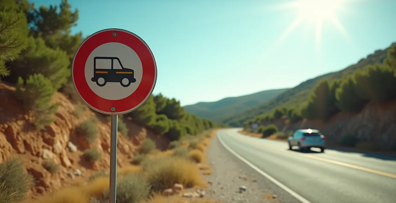 Route sardes avec panneaux de signalisation ZTL et voiture en circulation