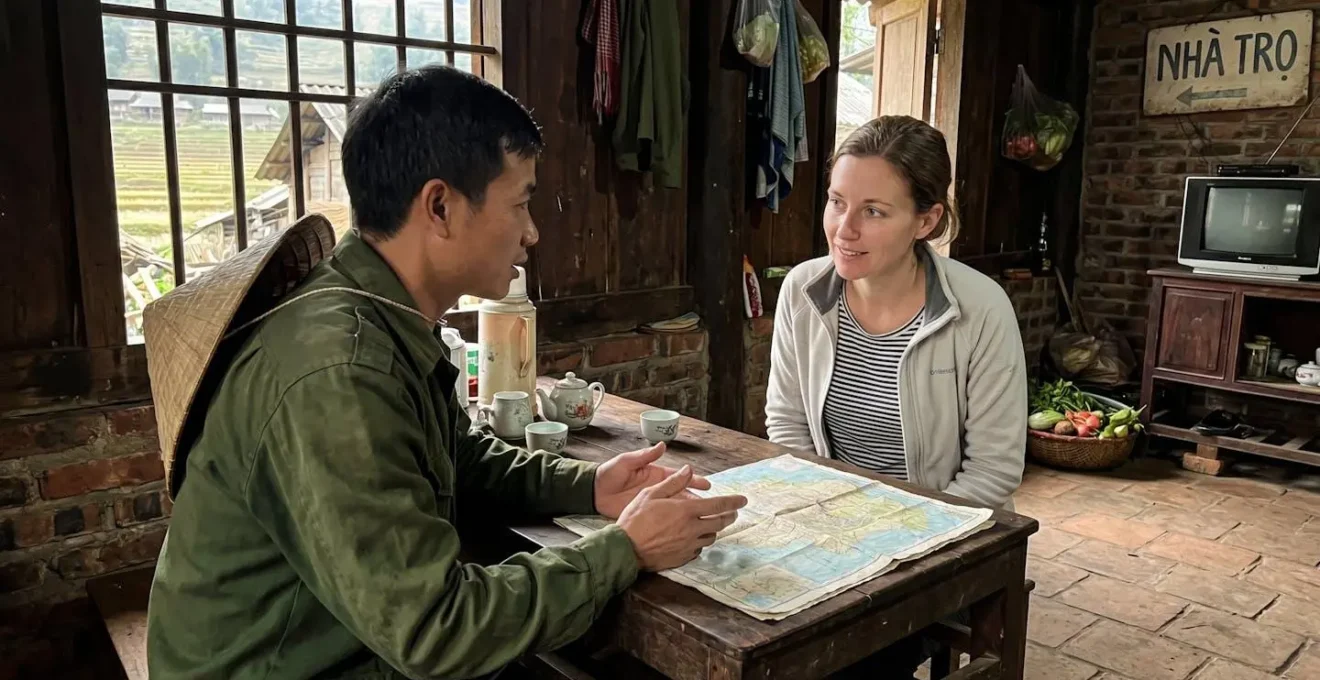 Un guide vietnamien vu de profil pointe du doigt un panorama montagneux lors d'une pause en plein air