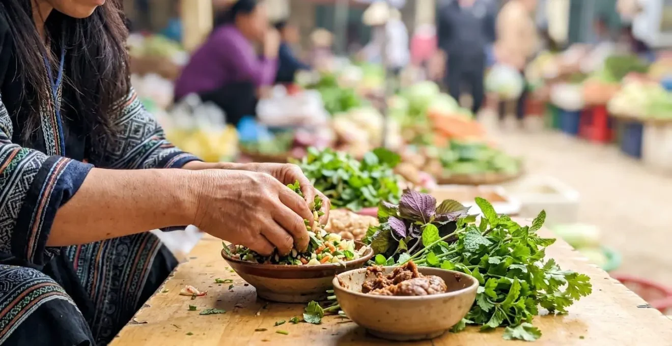 Gros plan sur des mains préparant des herbes aromatiques fraîches et des ingrédients fermentés sur un étal de marché ethnique
