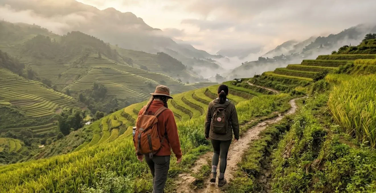 Deux voyageurs vus de dos marchent sur un sentier étroit entre les rizières en terrasses de Sapa sous une brume matinale légère